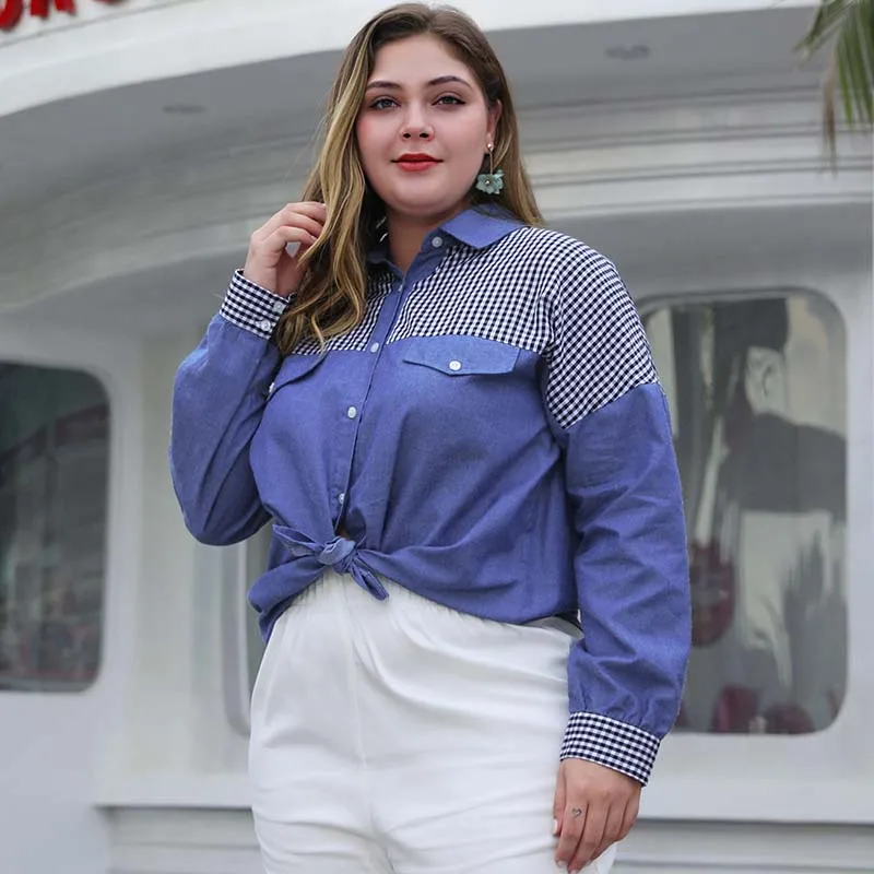 Блузка WHZHM женская джинсовая в клетку свободная винтажная голубая рубашка с