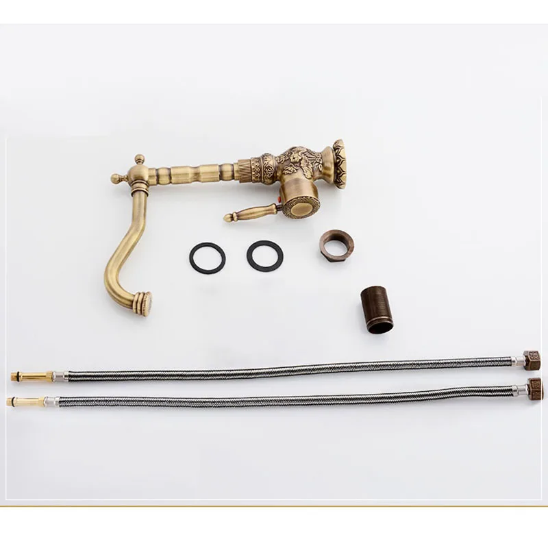 

Basin Faucet Antique Copper Brass Bathroom Carved Faucet Long Nose Spout Wash Sink Tap 360 Rotation Single Handle Mixer Tap