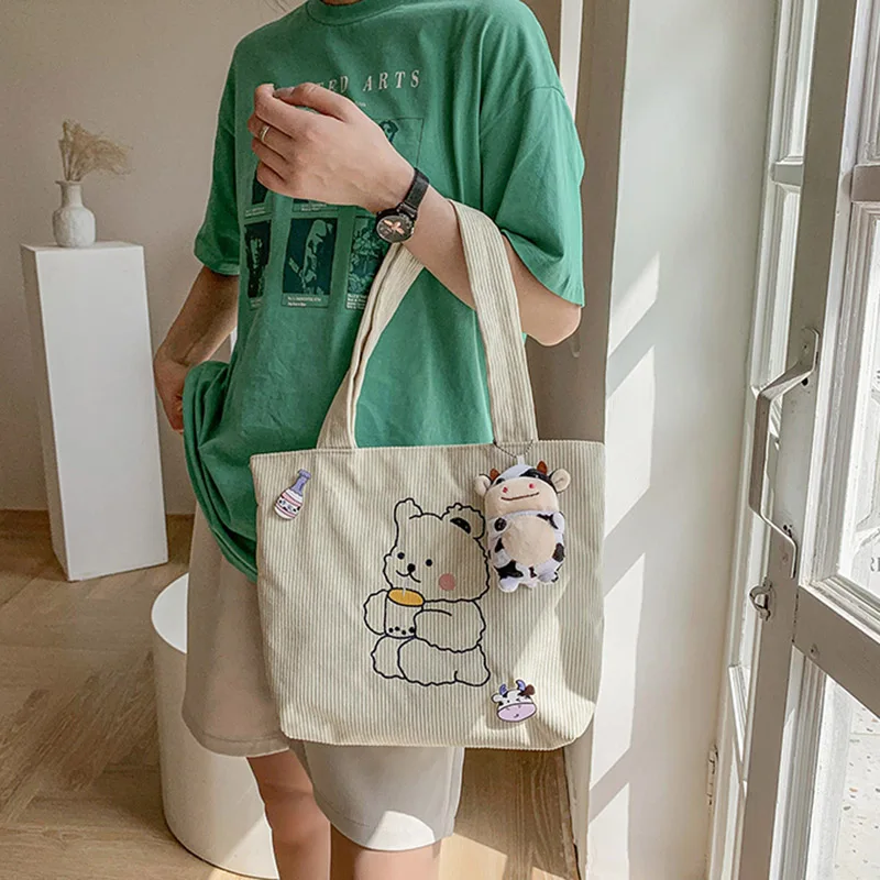 

Simple Corduroy Women handbag Japanese Anime Cartoon Bear Girls shoulder bags Portable large capacity student Casual book bags