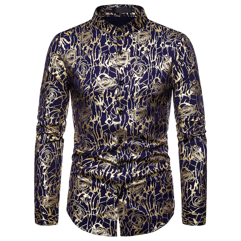 Мужские Золотые рубашки с цветочным принтом приталенная рубашка длинным рукавом