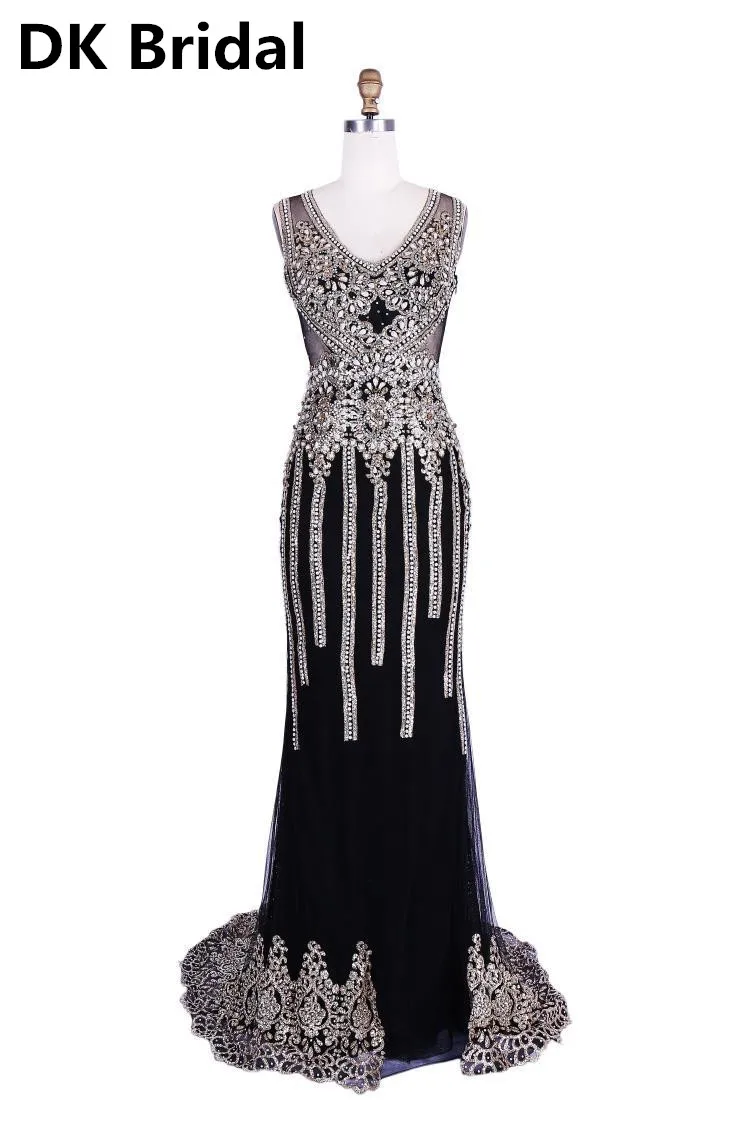 Luxury Beading Black Long Mermaid Evening Dresses Sexy V-neck Criss-Cross Illusion Prom Gowns Formal Party Dress robe de soiree