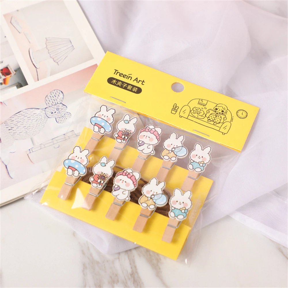 

10pcs Wooden Cute Cartoon Dovetail Clip Set Creative Fashion Decoration Folder Student Test Paper Storage Supplies Accessories