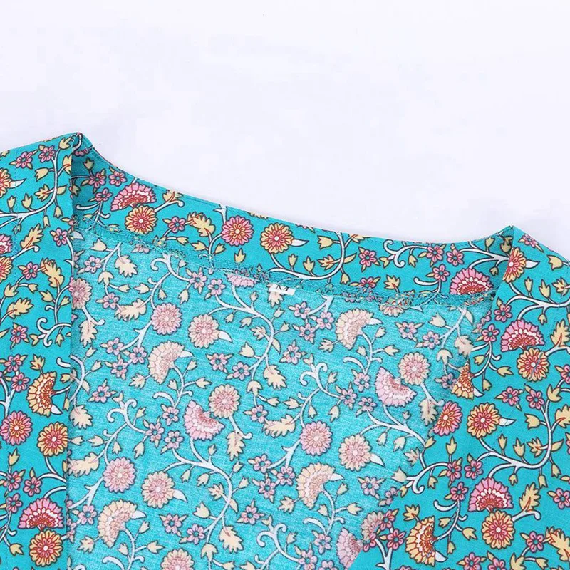

2 Pcs Retro Maxi Dress Women Summer Short Sleeve V Neck High Waist Dress Floral Print Lake Blue L & XL