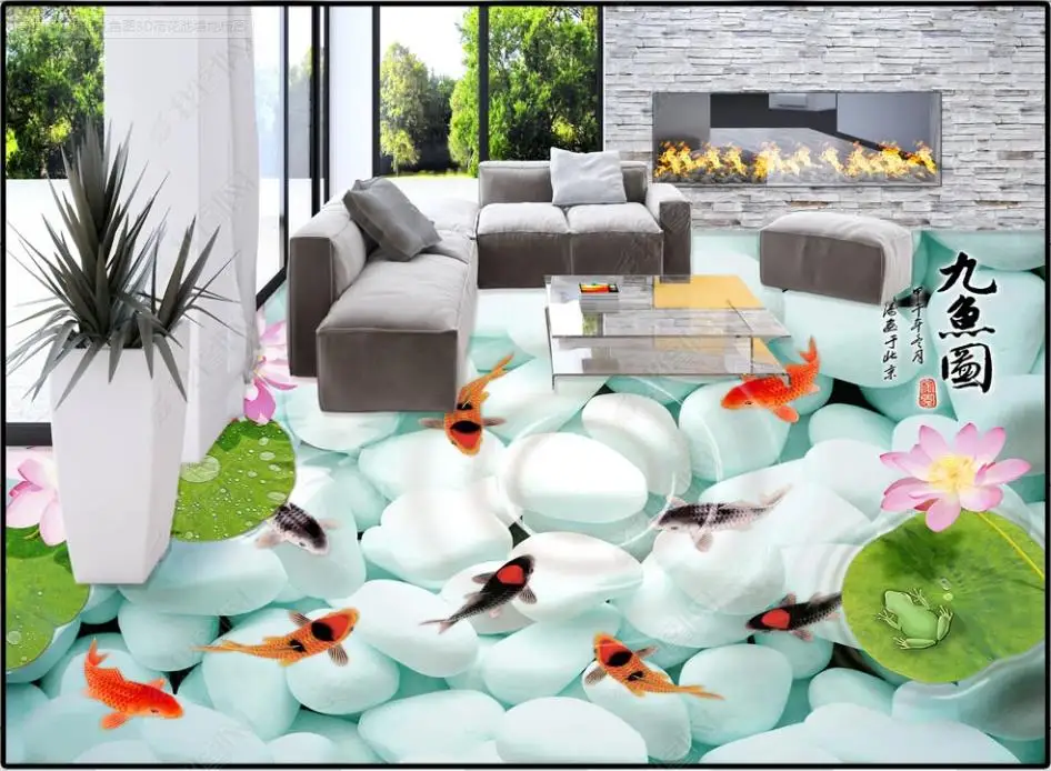 

Custom Picture Self-adhesive 3d Flooring wallpapers Wall Sticker HD lotus fish picture 3D lotus pond floor painting wall papers