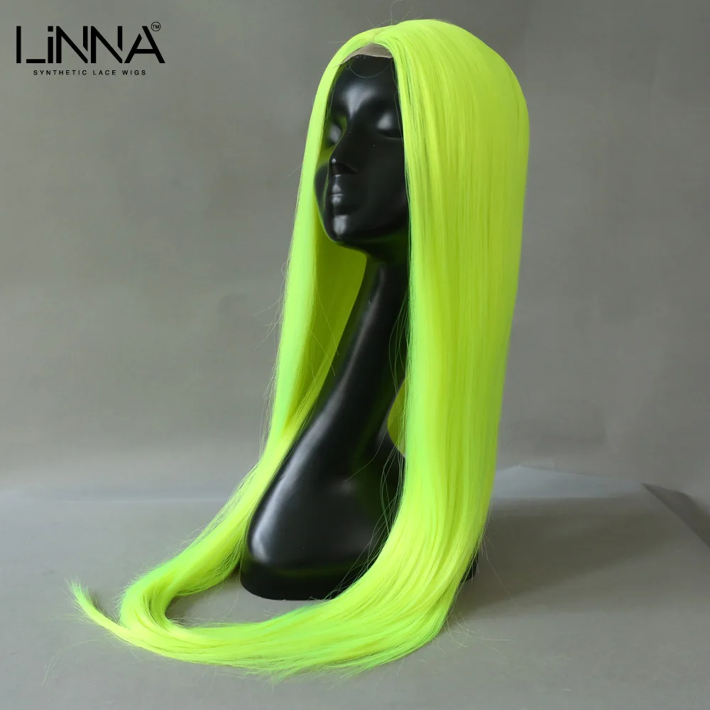 

LINNA Long Straight Grass Green Synthetic Lace Wig For Women High Temperature Fiber Pink Green Wig Natural Hair Cosplay Wigs