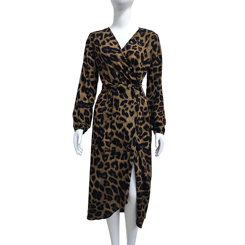Женское платье с леопардовым принтом v-образным вырезом и высокой талией на