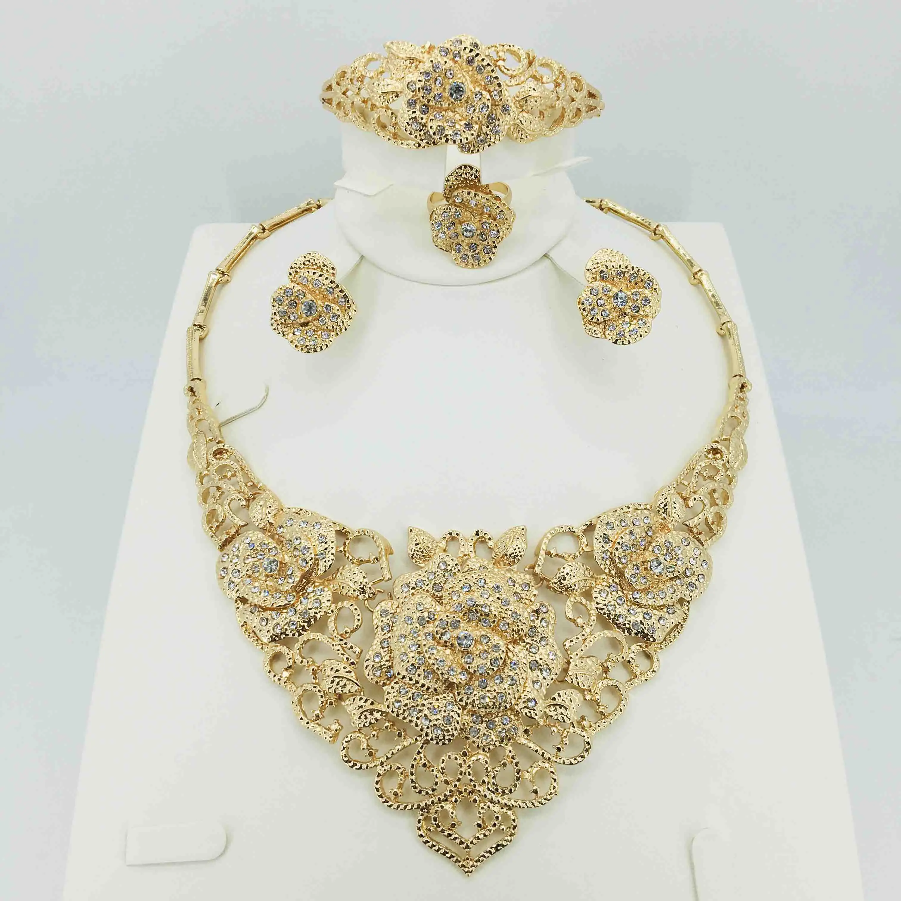 

Fashion Wedding Bridal Crystal Rhinestone Jewelry Sets African Beads Dubai Gold Color Statement Jewellery Costume