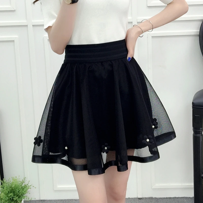 

Spring and summer new mesh short skirt Korean elastic waist versatile pengpeng skirt A-line high waist lace skirt pants