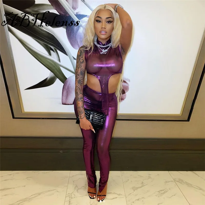 

A&BHelenss Sparkling Women 2 Piece Set Sleeveless Mock Neck Crop Top High Waist Pencil Pants Club Party Outfits