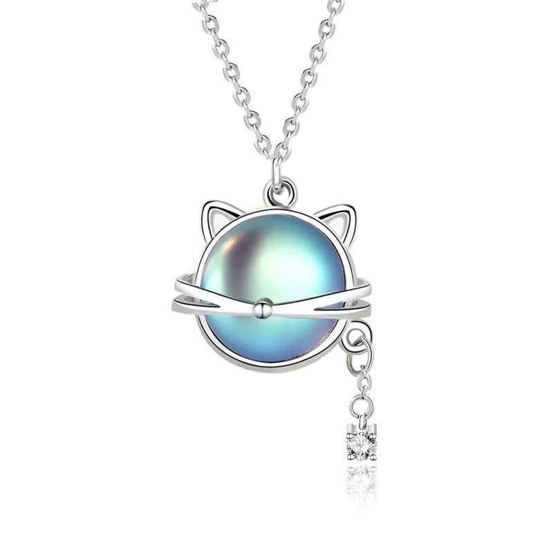

Женское Ожерелье из стерлингового серебра 925 пробы с подвеской в виде кота из лунного камня, прочная цепочка до ключиц