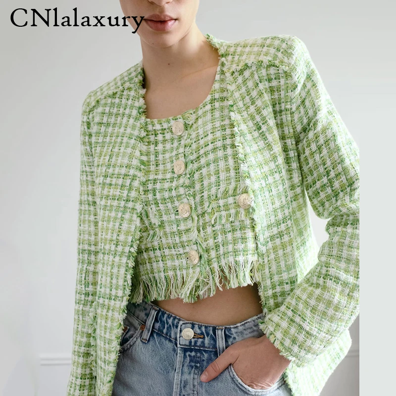 Женская твидовая куртка с бахромой винтажная офисная длинным рукавом и