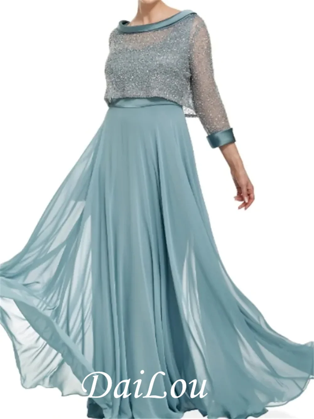 

A-Line Mother of the Bride Dress Wrap Included Scoop Neck Floor Length Chiffon 3/4 Length Sleeve with Lace Crystals Ruching 2021