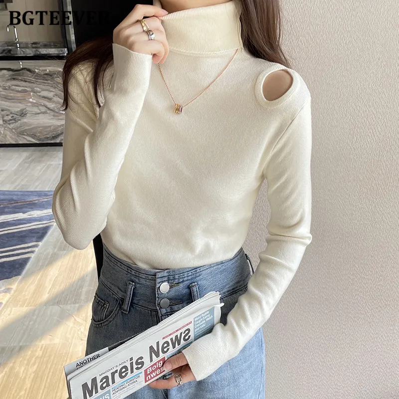

BGTEEVER Stylish Turtleneck Hollow Out Sweaters for Women Pullovers Long Sleeve Slim Female Knitted Jumpers 2021 Autumn Winter