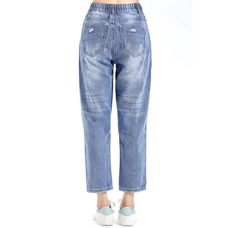 Женские джинсы бойфренды рваные до щиколотки с эластичным поясом весна лето