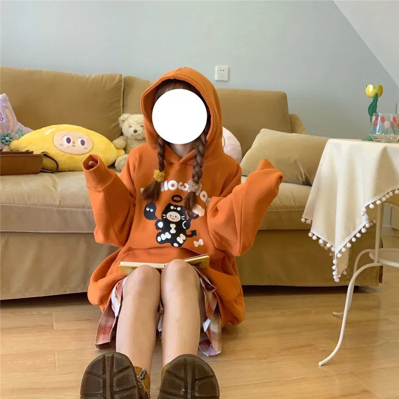 

Streetwear Spring Tops Girls Fashion Kawaii Loose Womens Casual Cartoon Cute Autumn Japan Orange High Street Sweatshirts