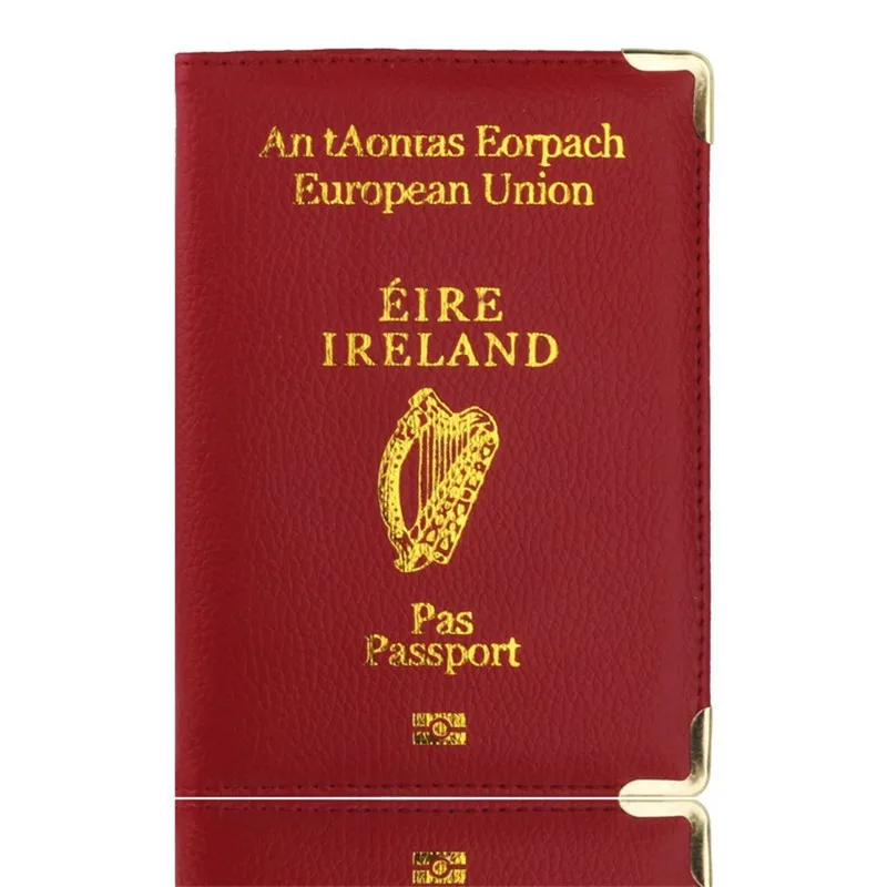 

New Litchi Pattern European Union Ireland Leather Passport Cover Women Holder with Copper Angle Credit Card Document Holder
