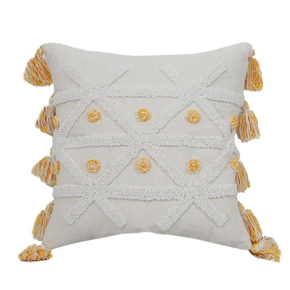

Yellow Ivory Cushion Cover 45x45cm/30x50cm Pillow Cover Tufed Boho Style Tassles for Home Decoration for Living Room Bedroom