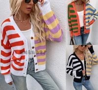 2021 autumn and winter striped fashion loose casual knit single breasted cardigan sweater
