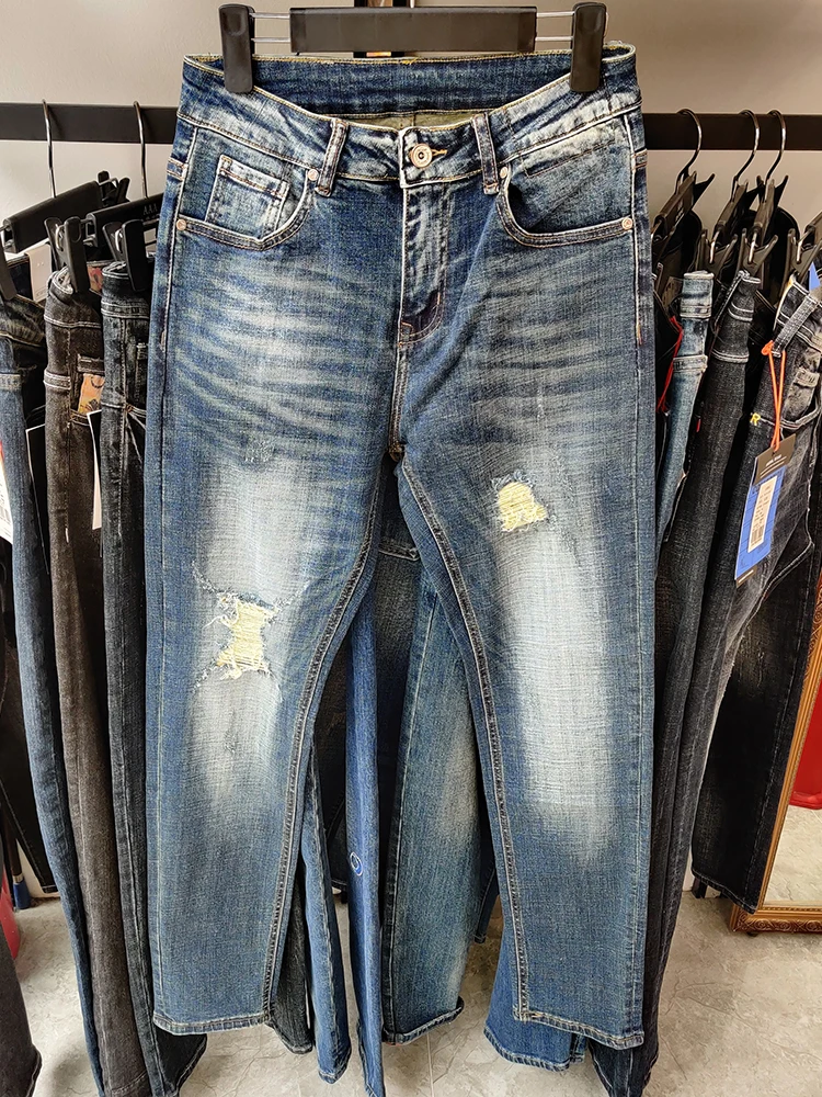 Джинсы мужские прямые стрейчевые классические брюки из денима повседневные