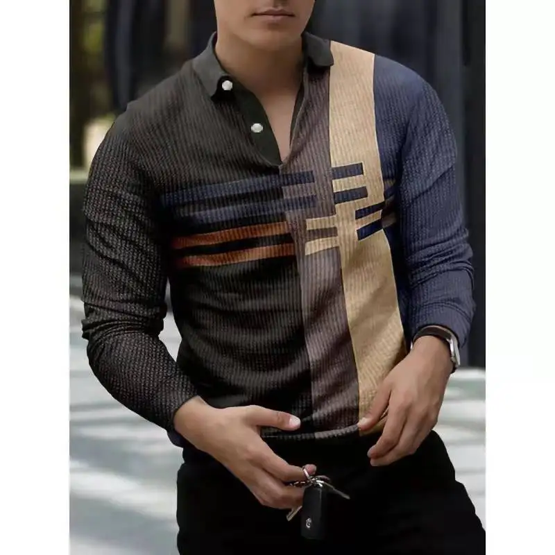 Рубашка-поло мужская в полоску Повседневная блуза с отложным воротником и