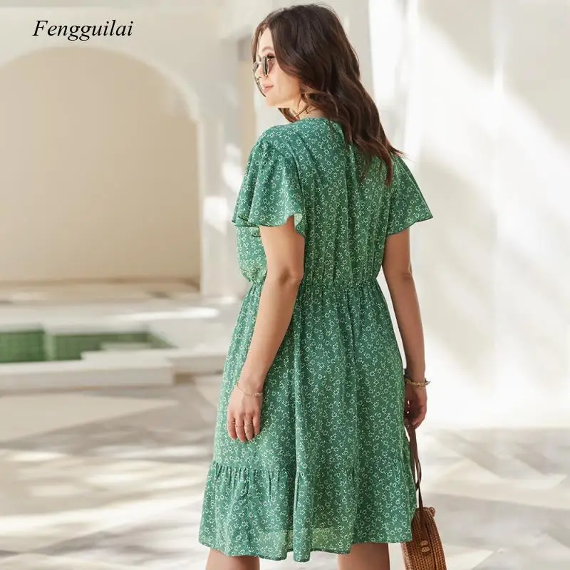 

Fresh Style Summer Elegant Green Large Size Flower Print Dress 2021 A-Line Skirt for Women's Causal Office Holiday
