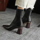 Женские сапоги из кожи и вельвета, тонкие сапоги стрейч, зимние короткие сапоги на толстом каблуке, с квадратным носком, на молнии сзади, 2021