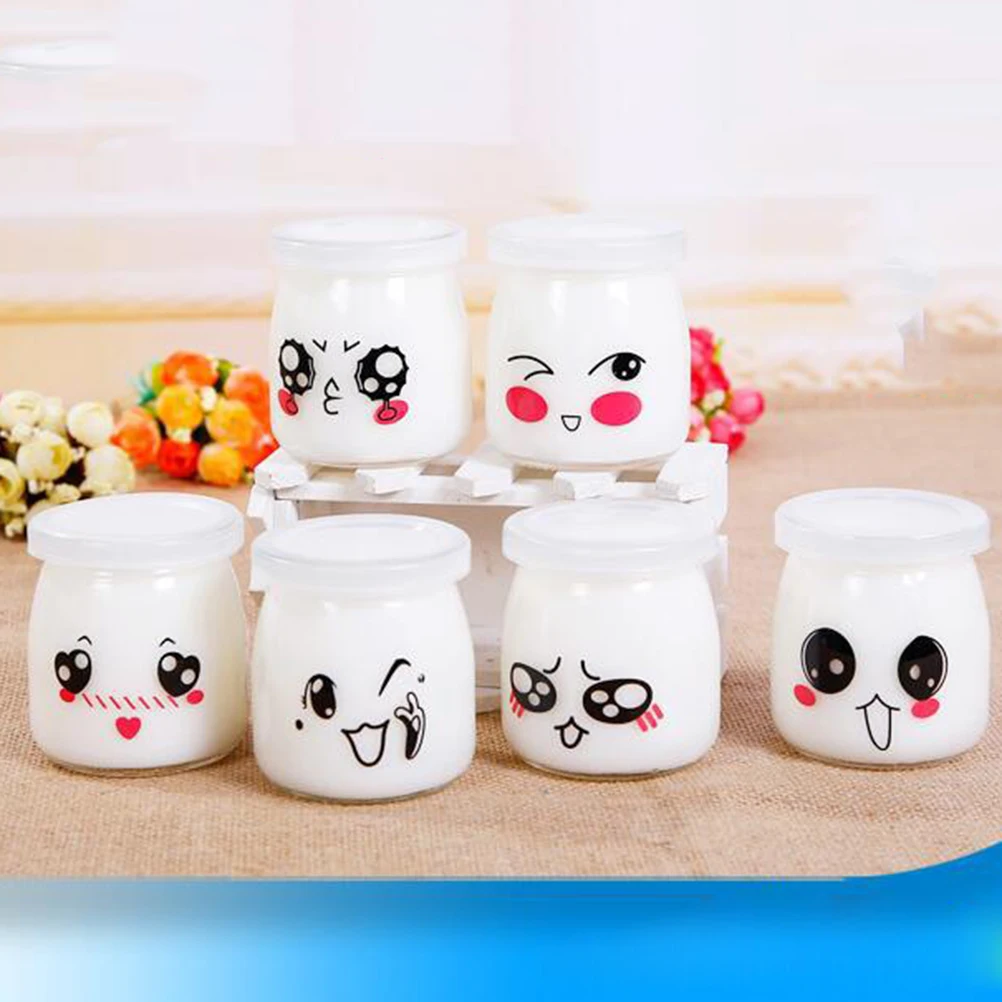 6pcs 200ml Lovely Pudding Bottle Glass Heat-resistant Yogurt Containers Milk Cup Jelly Jar for Home Shop (Random Pattern)