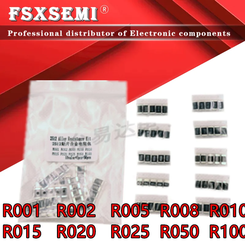

10values X5pcs=50pcs 2512 2W 1% Resistor R001 R002 R005 R008 R010 R015 R020 R025 R050 R100 Alloy resistance Metal alloy Kit