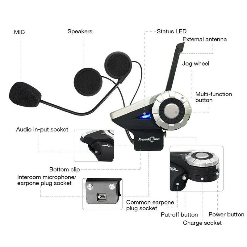 

FreedConn Motorcycle Helmet Headphone T-Rex FM 2 Riders 1500M BT Interphone Moto Bluetooth Intercomunicador+Soft Mic EU PLUG