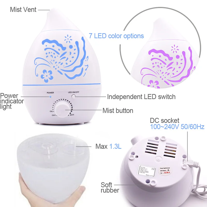 

KBAYBO Air Humidifier 1.3L Aroma Essential Oil Diffuser LED light air diffuser air purifier aromatherapy diffusers in home