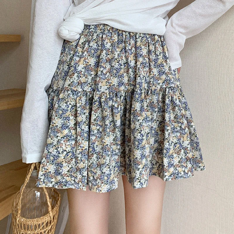 

Women New Mini Skirts Casual Folds Print Floral All-Match Elastic Waist Skirt Female High Waist A Line Slim Thin Skirts Femme