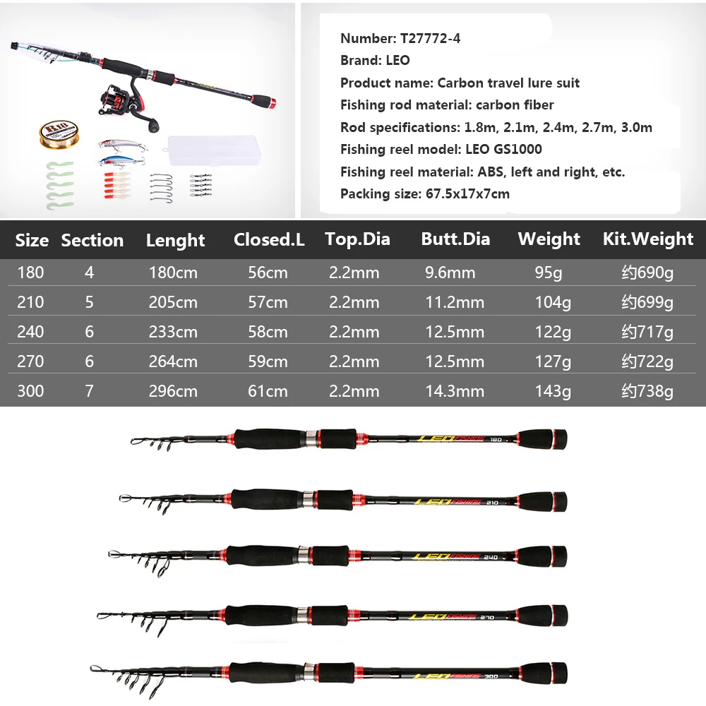

LEO Telescopic Fishing Rod and Reel Combos Full Kit, Carbon Fiber Lure Fishing Pole Set Saltwater and Freshwater Fishing Gear