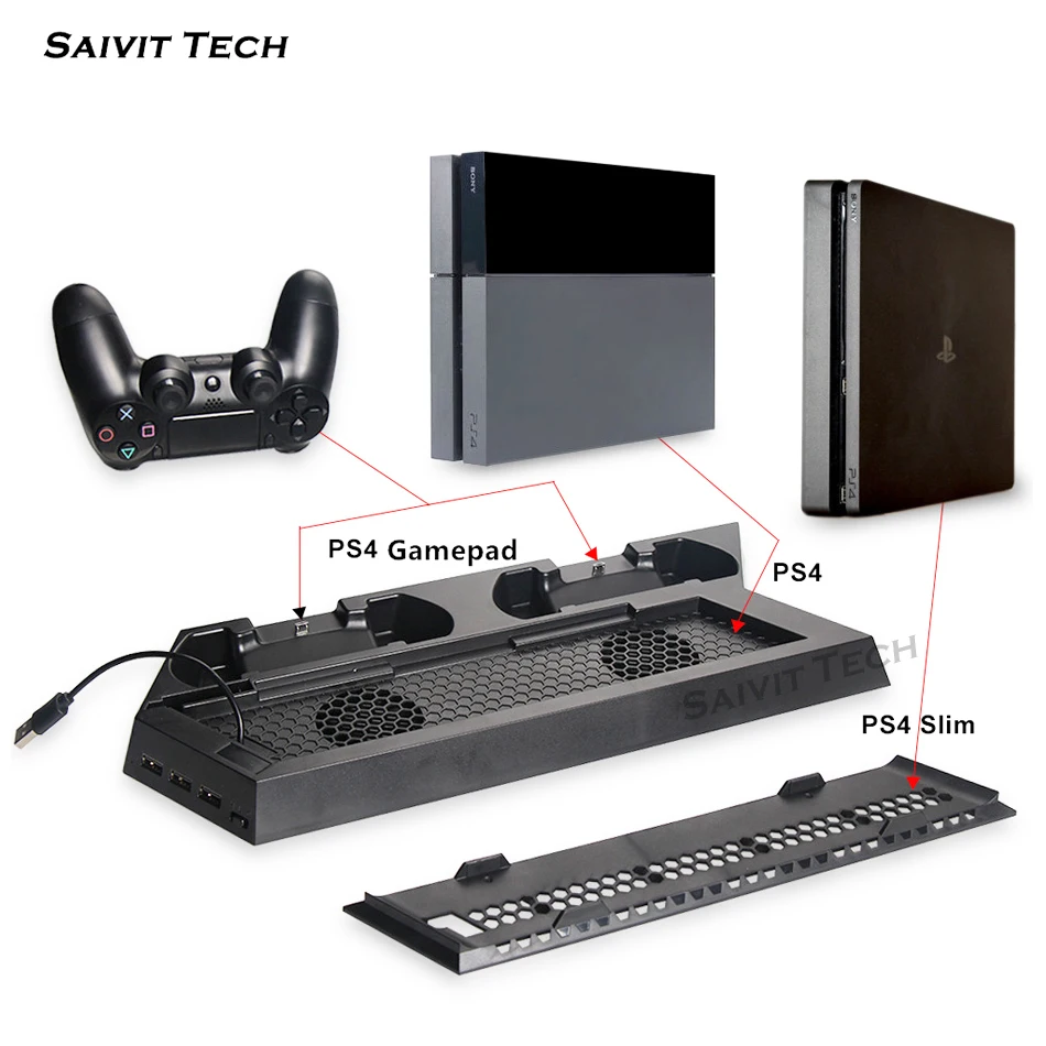 Multifunction Vertical Cooling Fan Stand Dual Gamepad Controller Charging Dock Station For Sony PS4 / Slim |