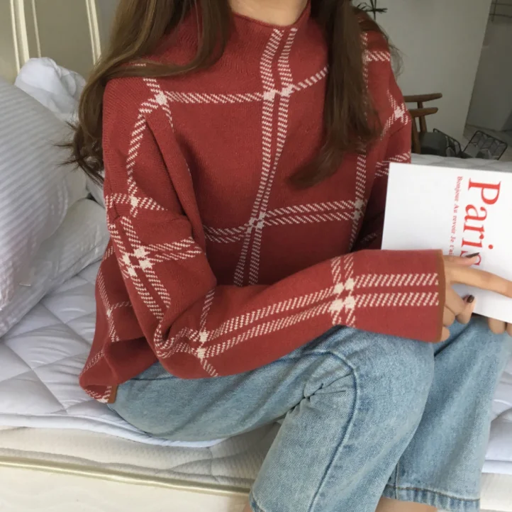 2020 Ins Winter New Women's Pullovers Sweater Fashion Plaid Turtleneck Loose Knit Full Sleeve Tops DA217 | Женская одежда