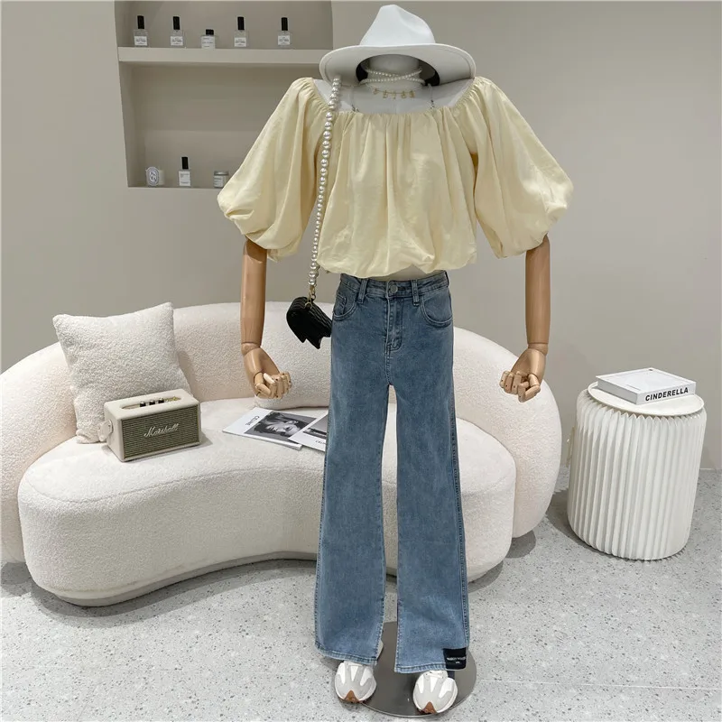 

Women's Spring 2021 Fashion High waist loose casual straight leg floor length trousers Blue jeans