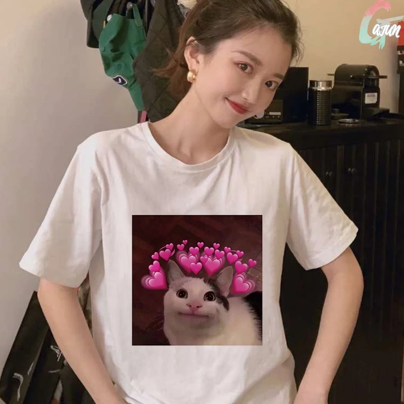 

Summer 2020 New Kpop Blouse Women Kawaii Cute Cat Love Blouses Harajuku Short Sleeve Vogue Streetwear Blusas Casual Women Tops