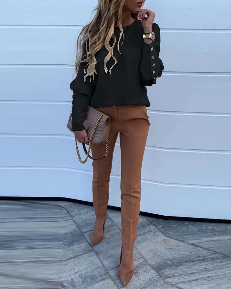 Solid Metal Buttoned Detail Casual Blouse