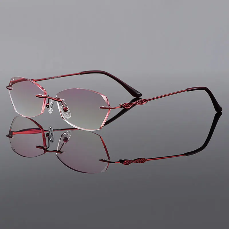 MASSENET Stylish Titanium Alloy Women's Rimless Diamond Trimming Cut Anti-Blue Ray Reading Glasses With Gradient Red Tint Z2853 - Цвет оправы: Red