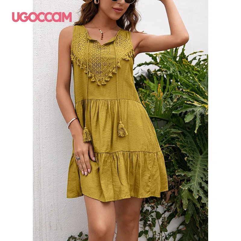 

Мини-платье UGOCCAM женское, элегантное однотонное пляжное повседневное ТРАПЕЦИЕВИДНОЕ, без рукавов, с бахромой, в стиле пэчворк, лето 2021