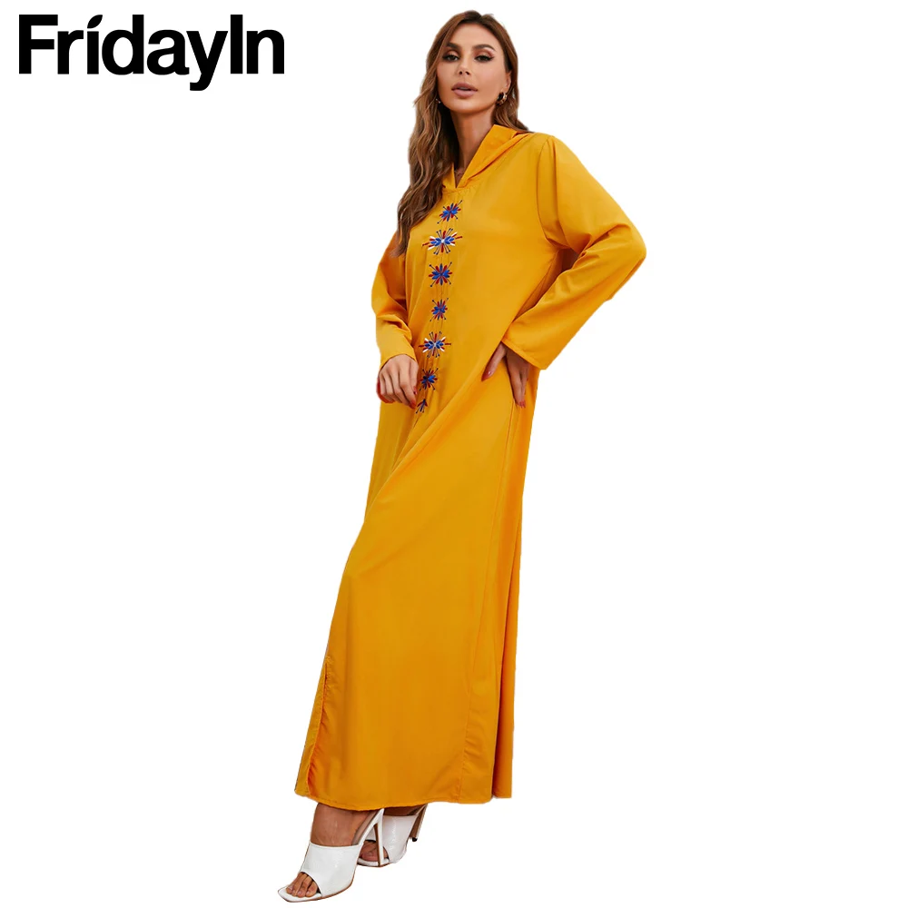 

Новинка осени от FridayIn, мусульманская женская одежда с инкрустированным цирконом, Повседневное платье с длинным рукавом и вышивкой и капюшо...