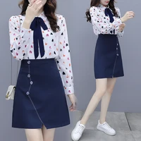 2022 casual two piece short skirt suit for women bowknot chiffon blouse button top office skirts outfits fashion 2 pieces set
