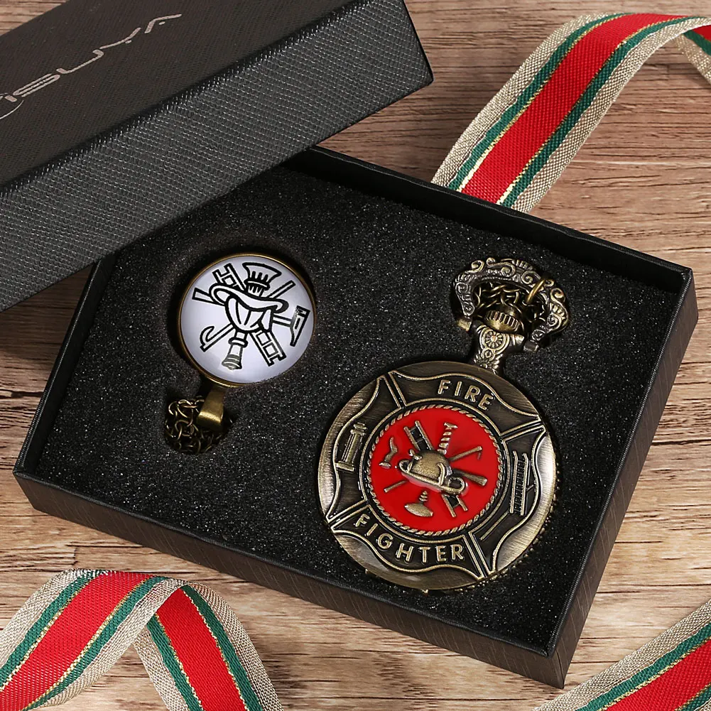 Big Bronze Pocket Watch Men Fire Sign Best Souvenir Gift for Firemen Red Pendent Necklace Steampunk Pocket Watch Fob Chain Clock