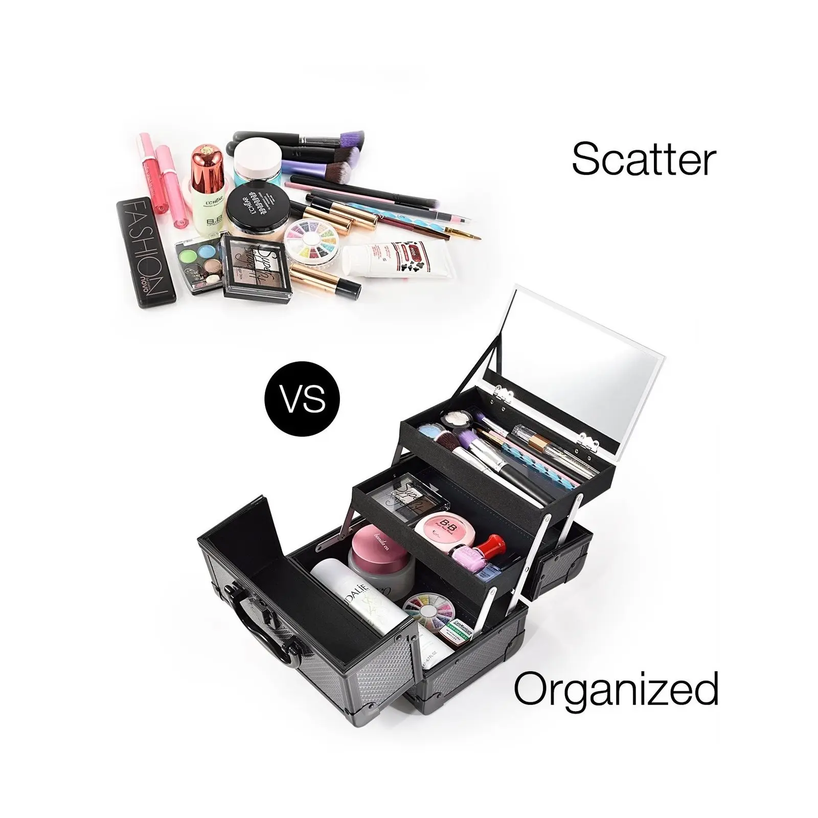 

9" Makeup Case Portable Cosmetic Storage Box with Mirror & Trays for Home Bathroom and Travel Black-US Stock