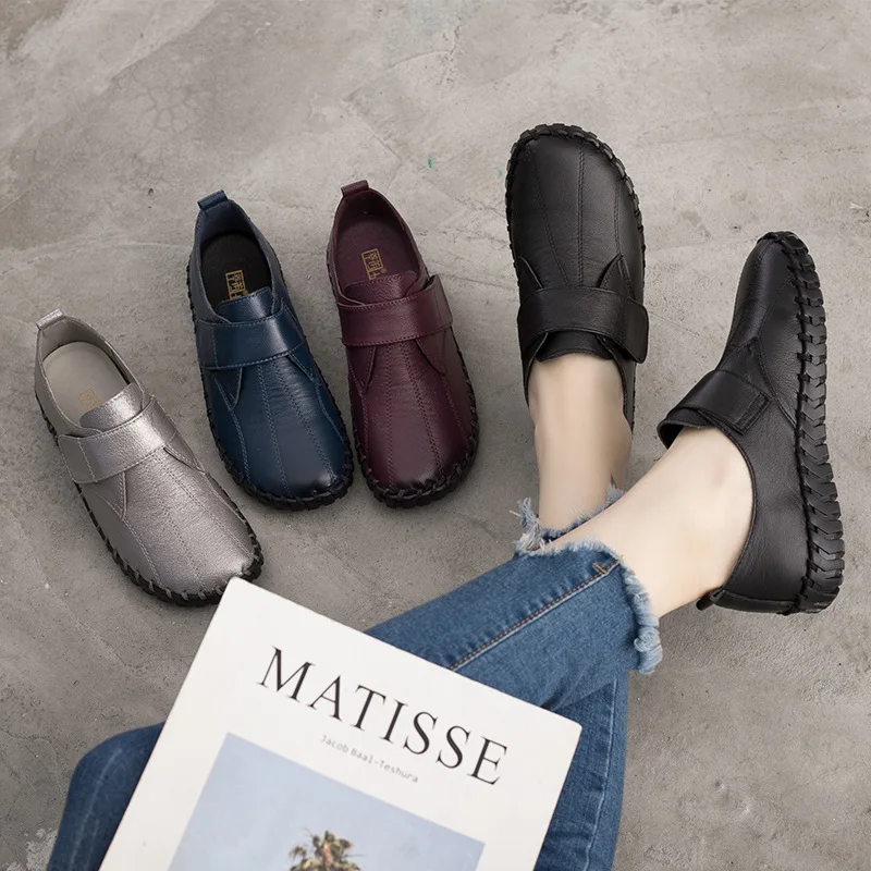 

Spring Ladies Genuine Leather Handmade Shoes Women Hook &Loop Flat Shoes Women 2021 Autumn Soft Loafers Flats