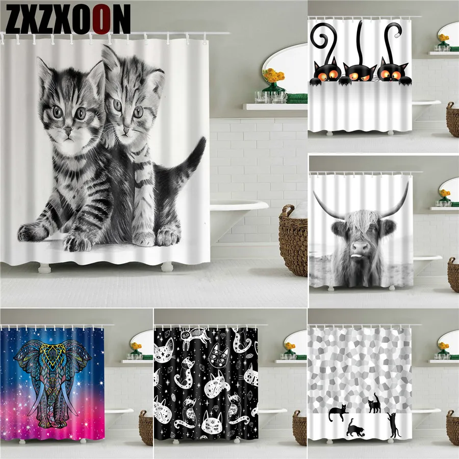 

Cartoon Cats Shower Curtain Bathroom Curtain Waterproof Polyester Bathroom Kids Curtain with Hooks Animal Black White Home Decor
