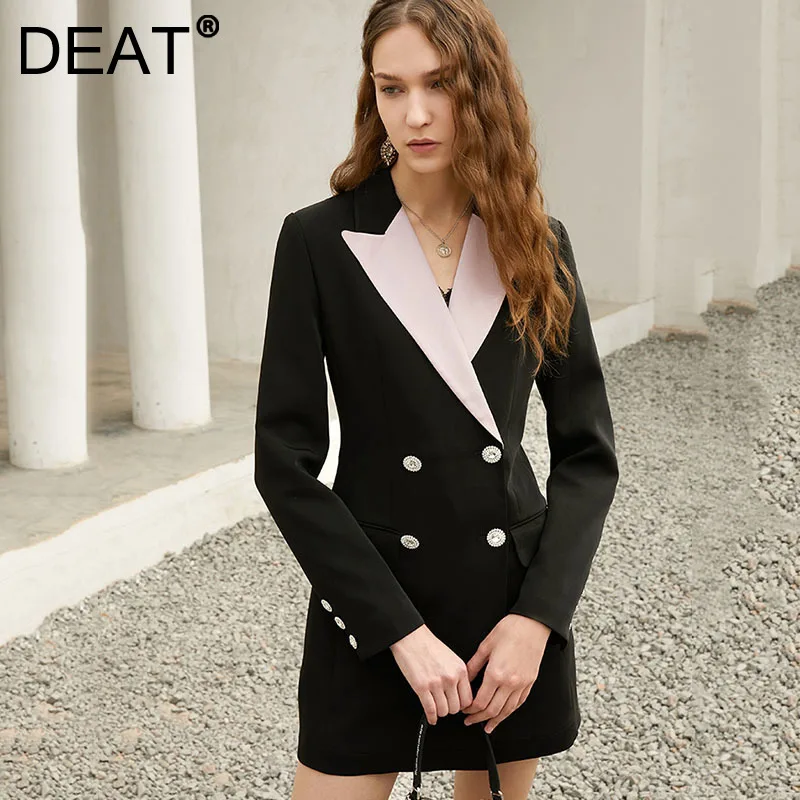 

DEAT 2021 New Spring And Autumn Fashion Casual Double Breasted Slim Patchwork Black Skirt Long Sleeve Dress Women SL765