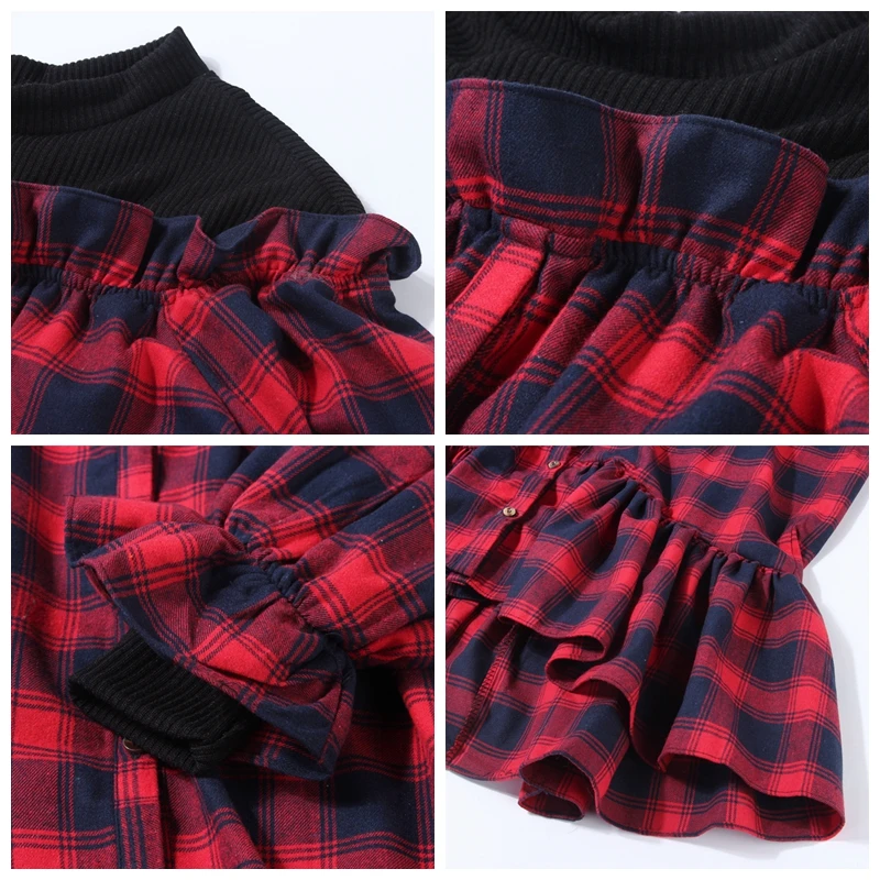 Женский свитер в клетку GETSPRING длинный с круглым вырезом и рукавами-фонариками