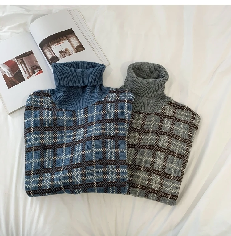 Winter Turtleneck Sweater Men's Warm Fashion Casual Retro Knit Pullover Men Streetwear Plaid Sweater Male Sweter Clothes
