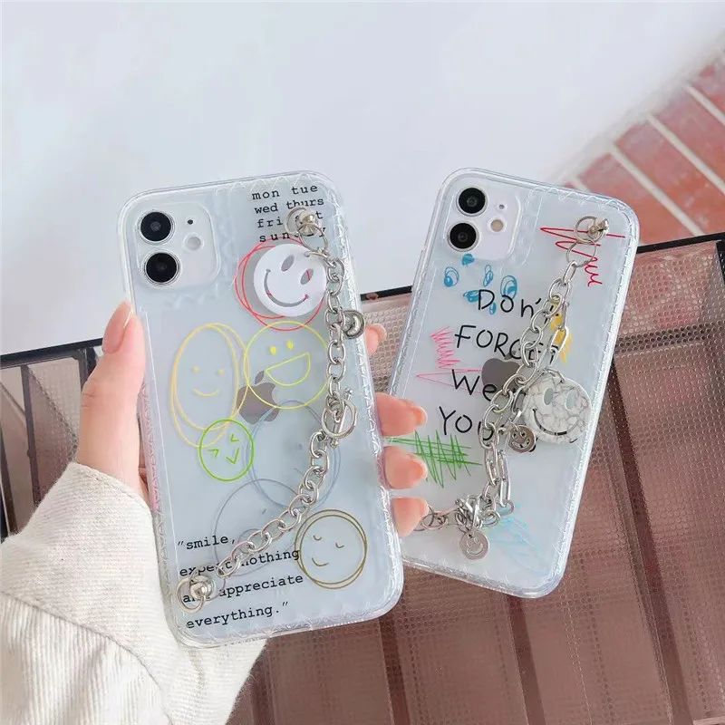 

Funny Vintage Label smile hand chain Phone Cases on For iPhone 12 11 Pro XS Max X XR 7 8 Plus SE Soft TPU transparent Cover Case