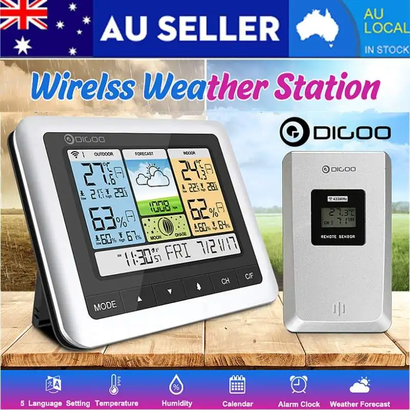 

Digoo DG-TH8888 Wireless Home Weather Station Colorful Digital Thermometer Humidity Sensor Outdoor Indoor Forecast Sensor Clock